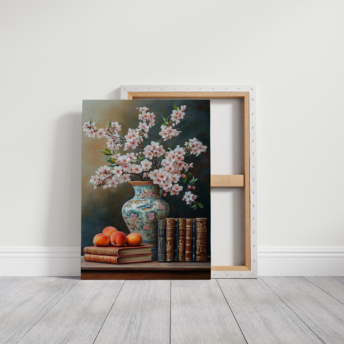 Cherry Blossom Vase Still Life Peaches Vintage Books Oil Art Poster - Image 3