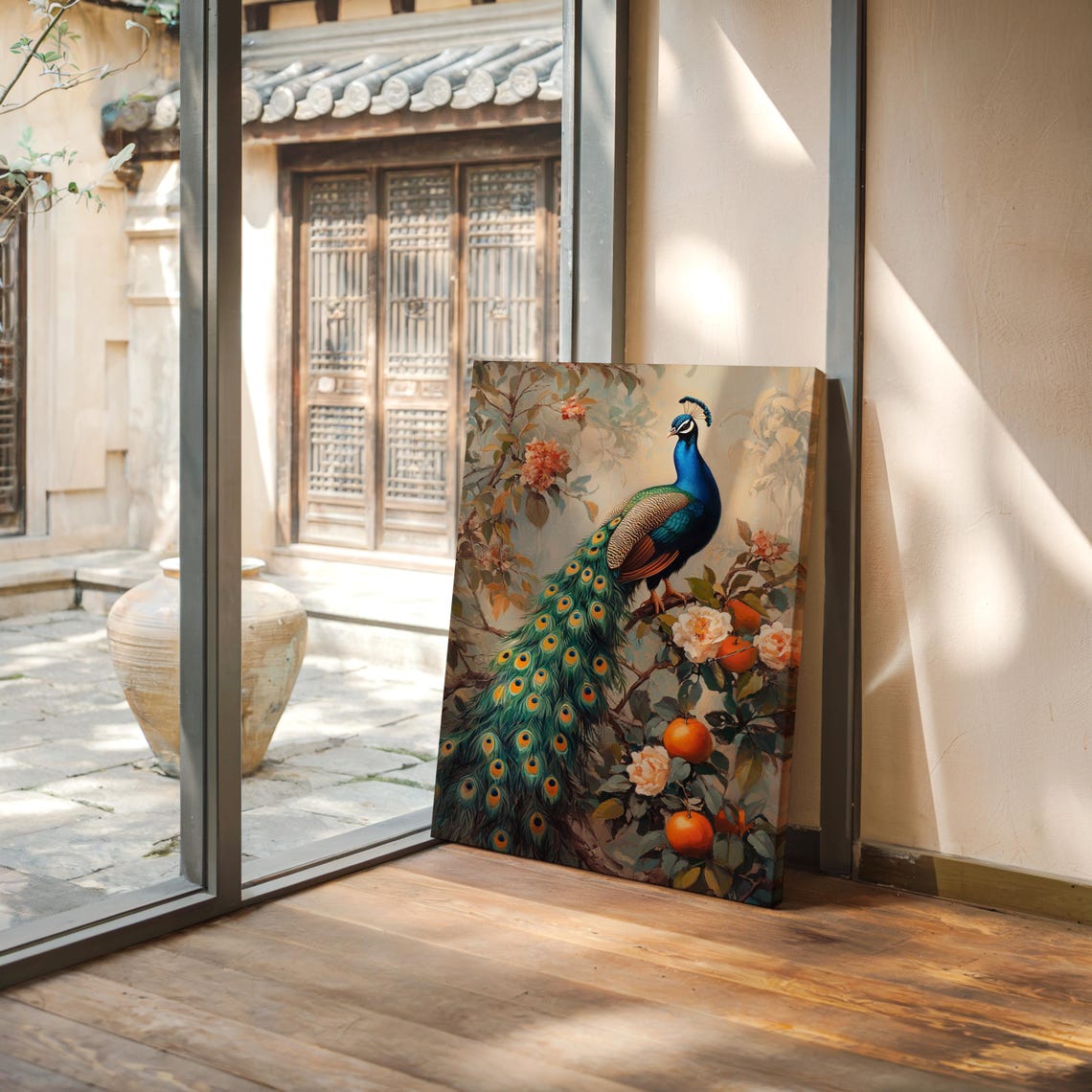 Majestic Peacock On Blossoming Branch With Oranges Vintage Poster - Image 6