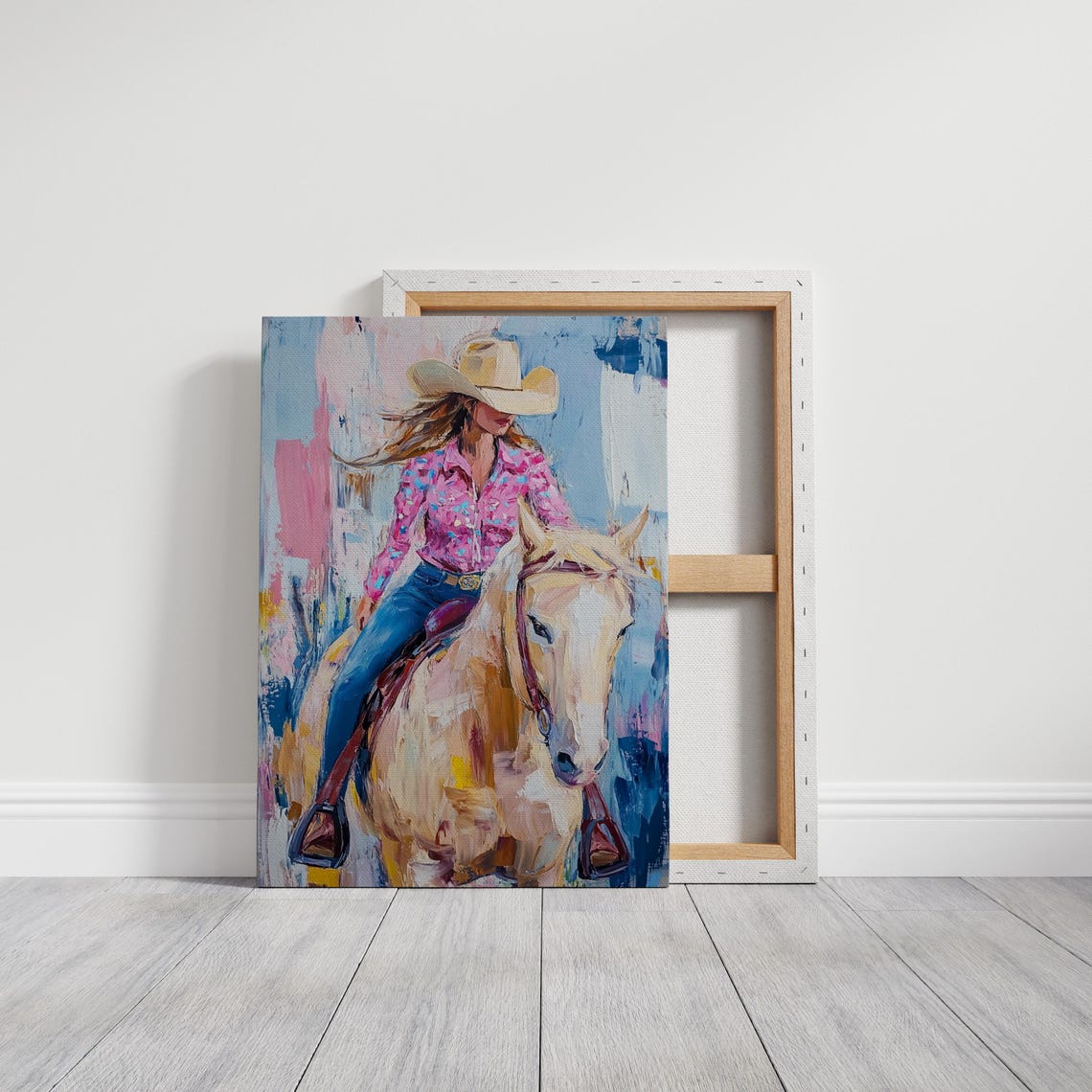 Western Cowgirl Art Vibrant Acrylic Painting Of Woman Riding Horse In Pink Shirt Rustic Country Decor For Western Lovers - Image 7