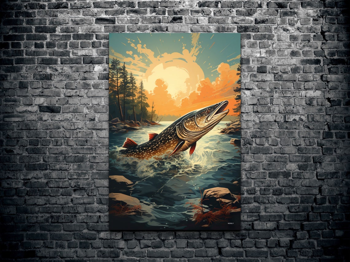 Leaping Pike Fish Splashing Out of the River at Sunset Poster - Image 2