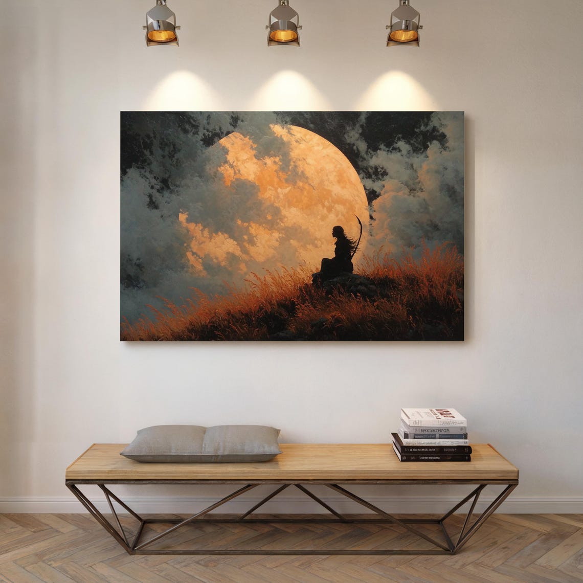 Archer Under Harvest Moon Glowing Clouds Fantasy Night Poster