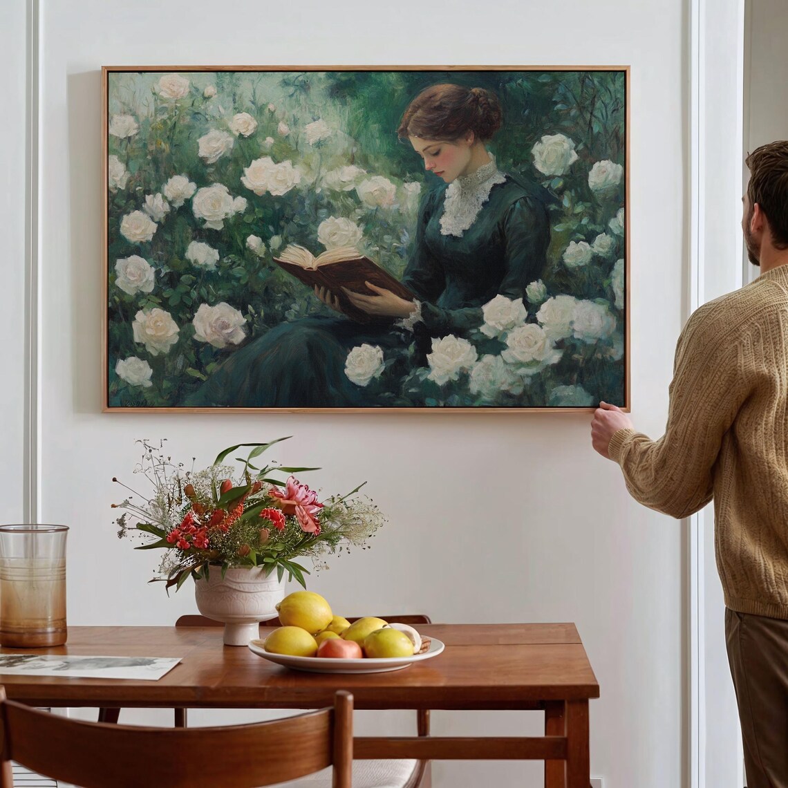 Elegant Woman Reading Amid White Roses Vintage Garden Poster - Image 7
