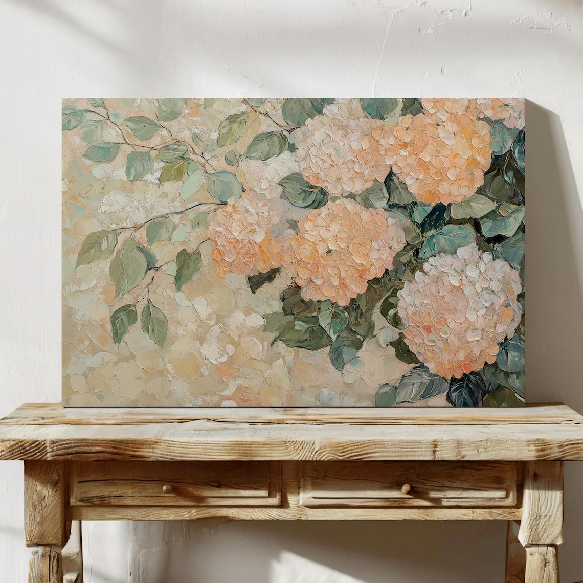 Peach Hydrangea Floral Art Print, Impressionist Bloom