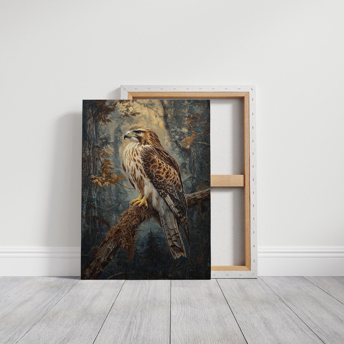 Hawk Perched on Branch in Misty Autumn Forest Wildlife Art Poster - Image 3