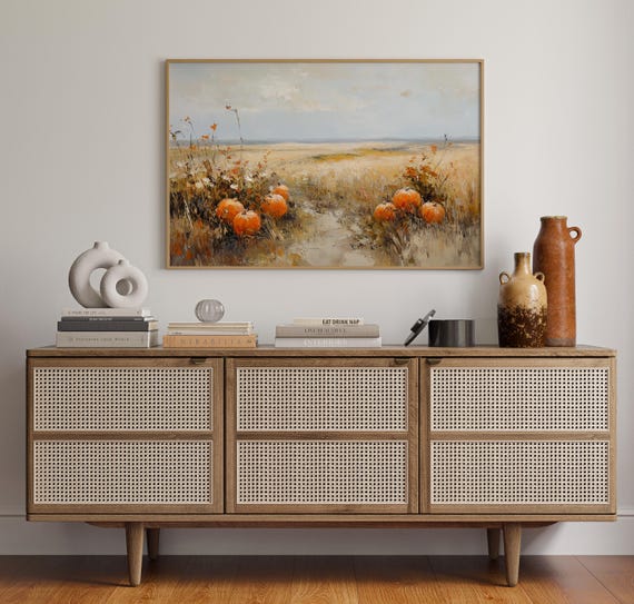 Autumn Pumpkin Field Oil Painting On Canvas Rustic Farmhouse Harvest Wall Art Country Landscape Patch Fall Decor