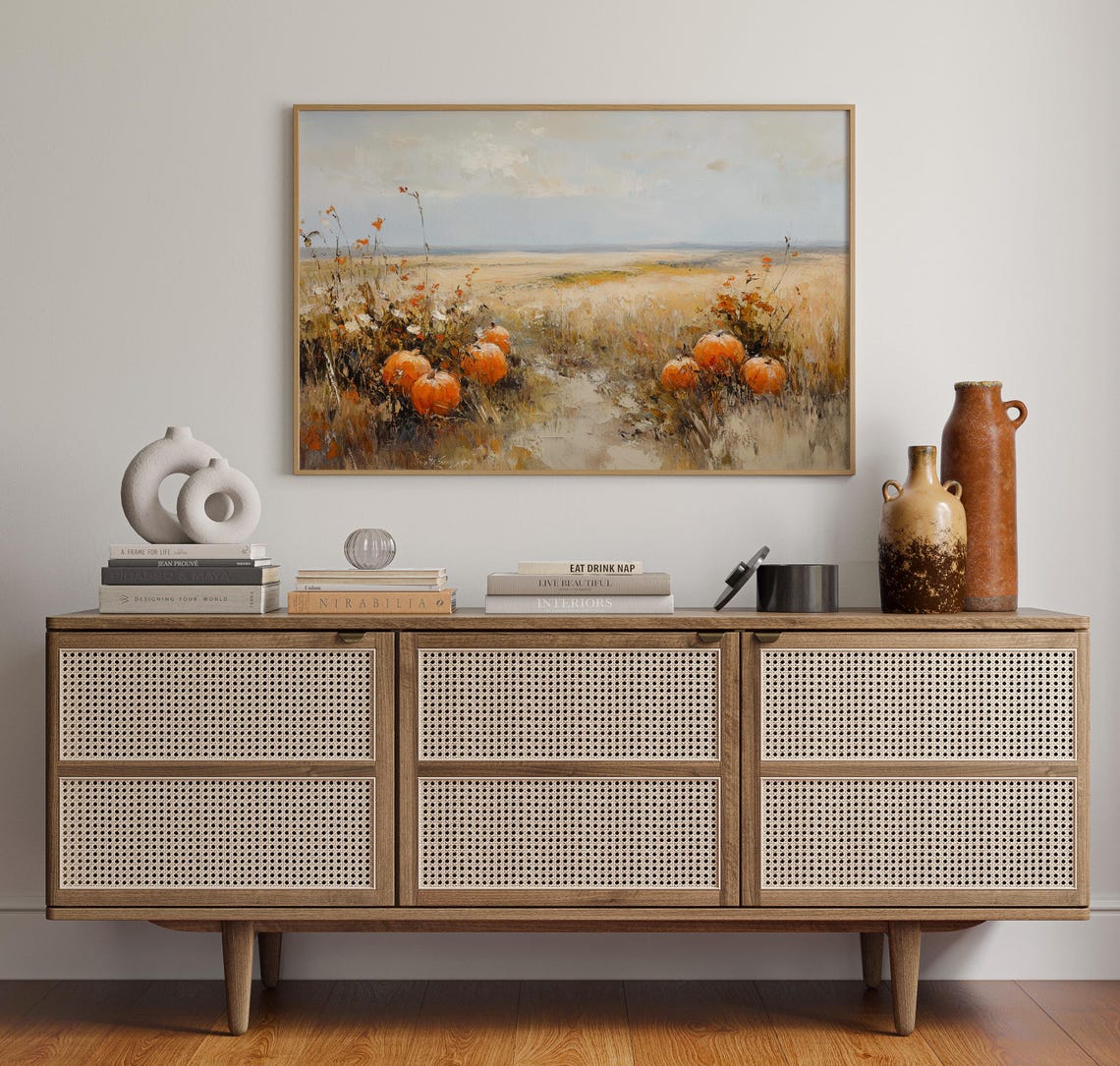 Autumn Pumpkin Field Oil Painting On Canvas Rustic Farmhouse Harvest Wall Art Country Landscape Patch Fall Decor