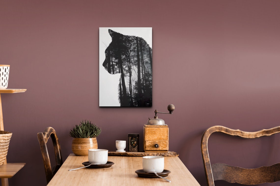 Double Exposure Cat Silhouette Forest Trees Monochrome Poster - Image 7
