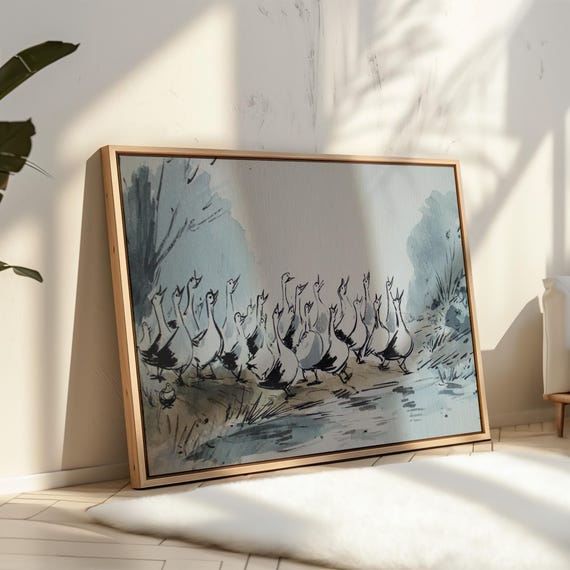 Vintage Geese Illustration Canvas Wall Art Farmhouse Animal Poster Rustic Country Decor Whimsical Goose Artwork For Kitchen Or Living Room