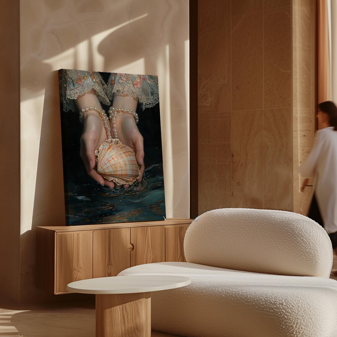 Elegant Hands Holding Seashell And Pearls Wall Art Coastal Vintage Decor Ocean Inspired Romantic Artwork - Image 4