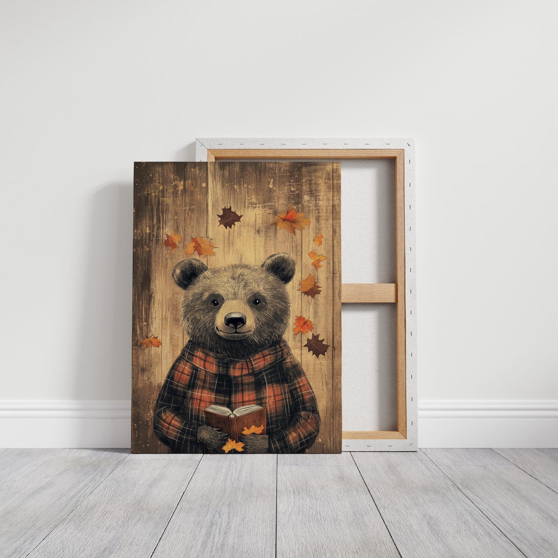 Autumn Bear in Red Plaid Reading a Book Among Fall Leaves Poster - Image 4