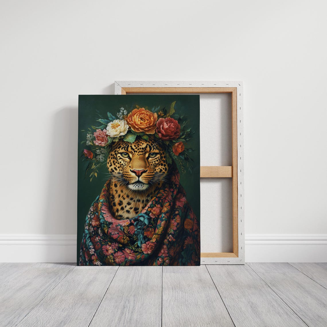 Leopard Wearing Floral Crown And Blooming Shawl Regal Portrait Poster - Image 3