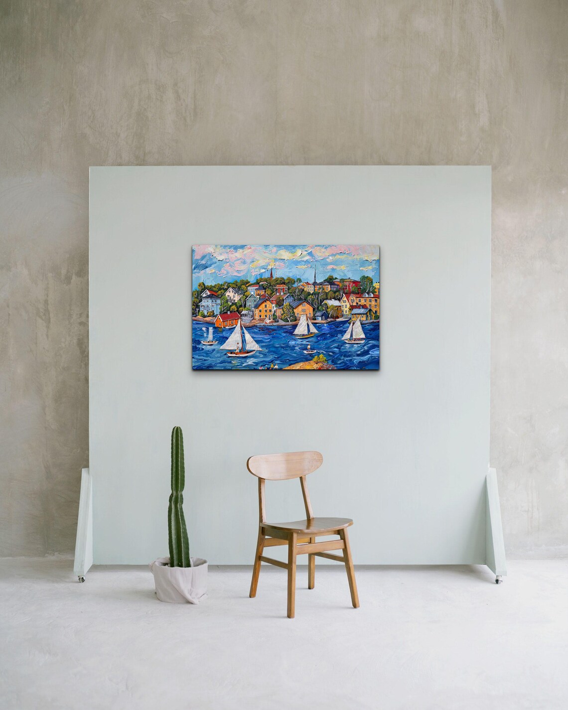 Coastal Village Sailboats Naive Art Style Harbor Painting Poster - Image 3