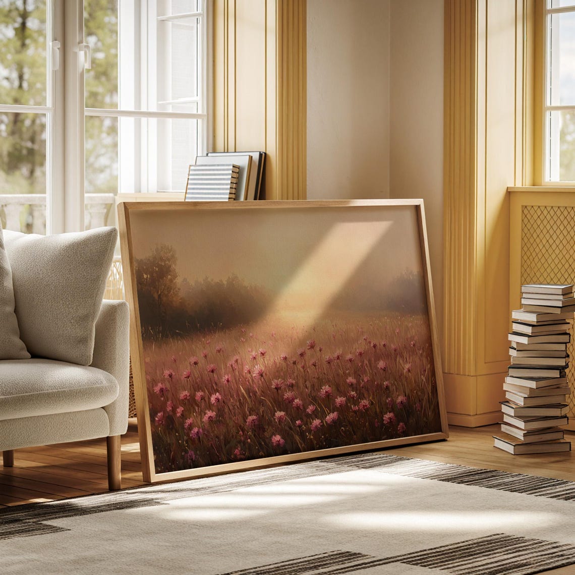 Sunrise Over a Pink Wildflower Meadow Romantic Floral Art Poster - Image 7