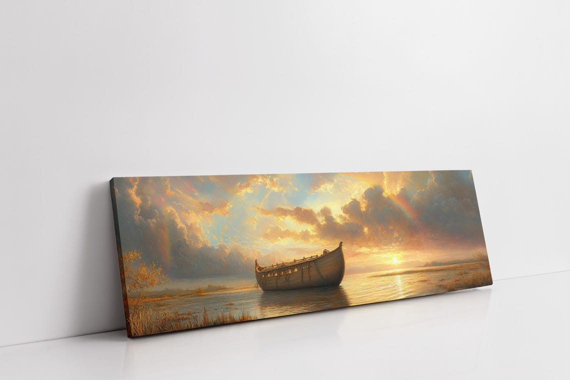 Noahs Ark Rainbow Sunset Biblical Boat Painting Christian Poster - Image 4