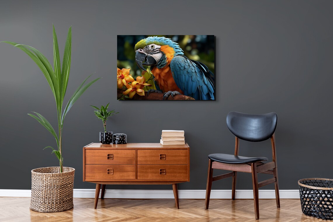Blue Macaw Parrot Portrait Orange Blossoms Tropical Bird Poster - Image 4