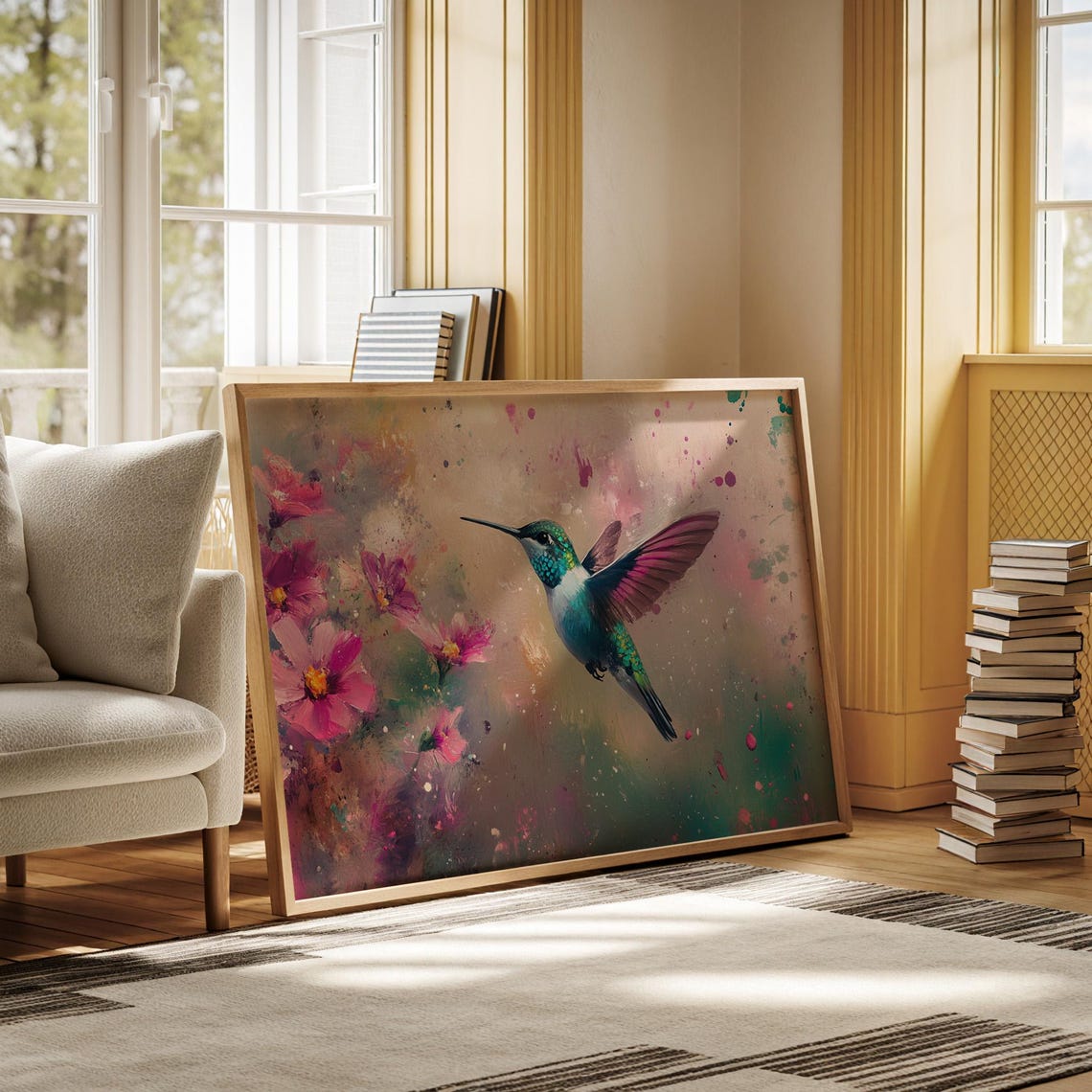 Vibrant Hummingbird Pink Flowers Abstract Nature Flying Bird Poster - Image 6