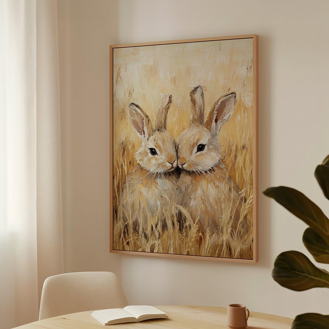 Two Bunnies Nose to Nose in Golden Wheat Field Sweet Painting Wall Art - Image 3