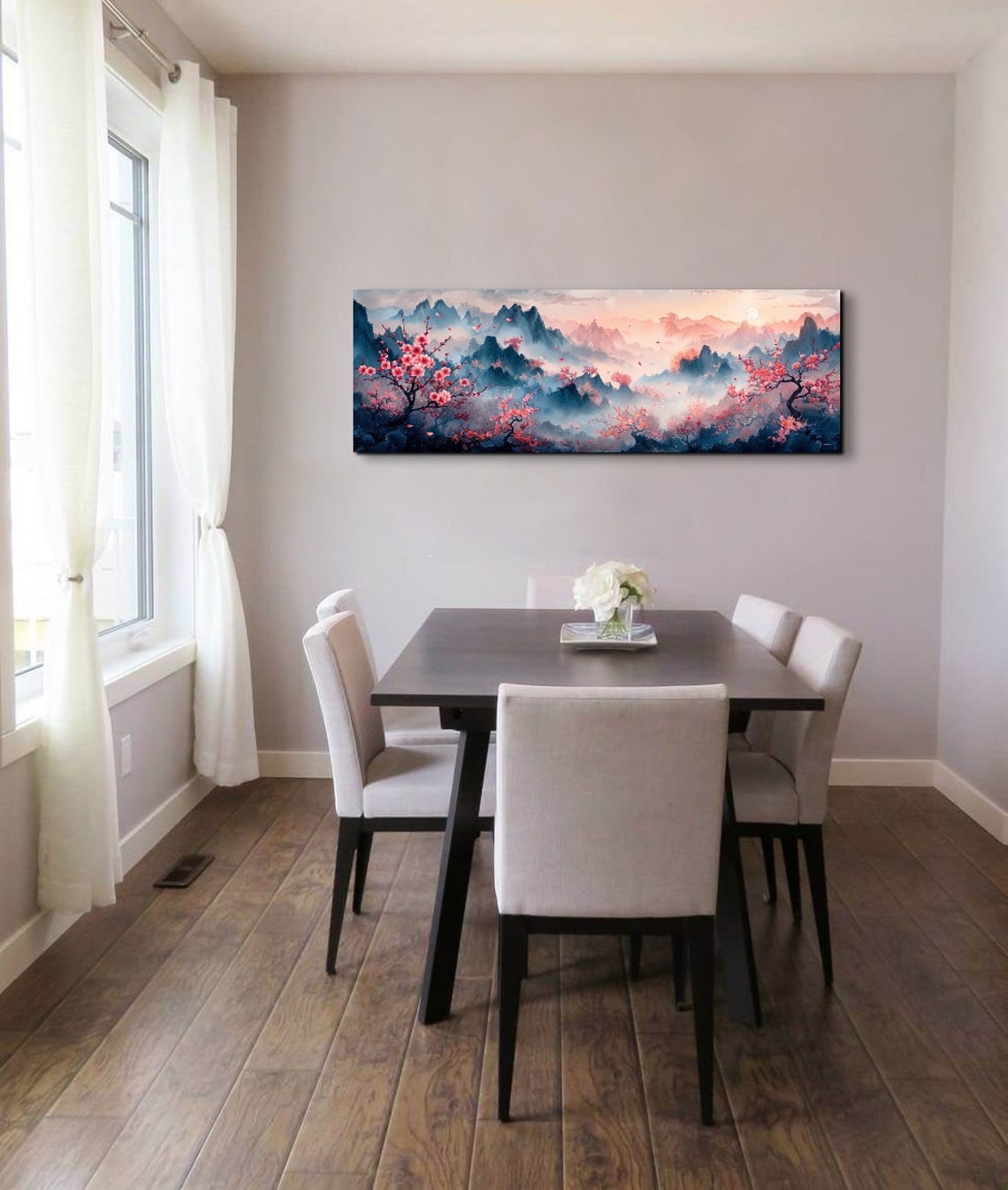 Pink Cherry Blossoms Over Misty Asian Mountains at Sunrise Poster - Image 6