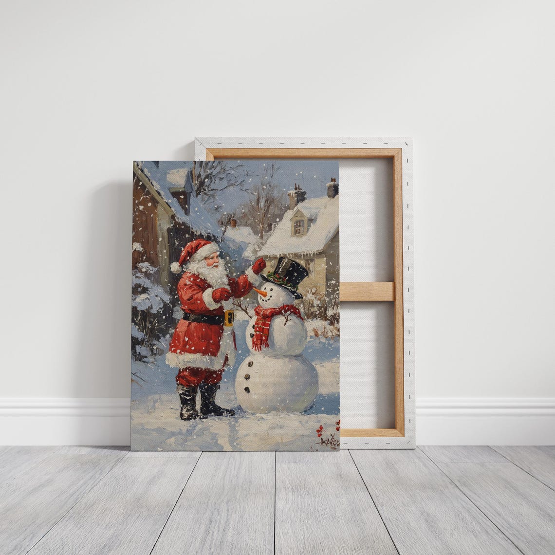 Santa Building Snowman Vintage Oil Painting Christmas Holiday Wall Art Festive Winter Scene For Seasonal Home Decor - Image 6