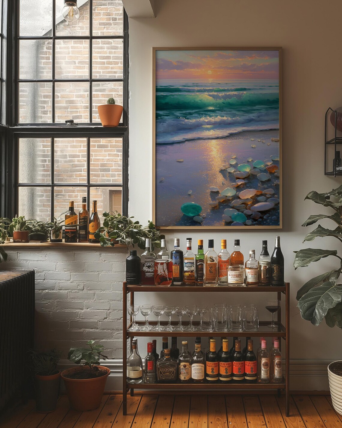 Ocean Sunset Sea Glass Stones Shore Turquoise Painting Poster