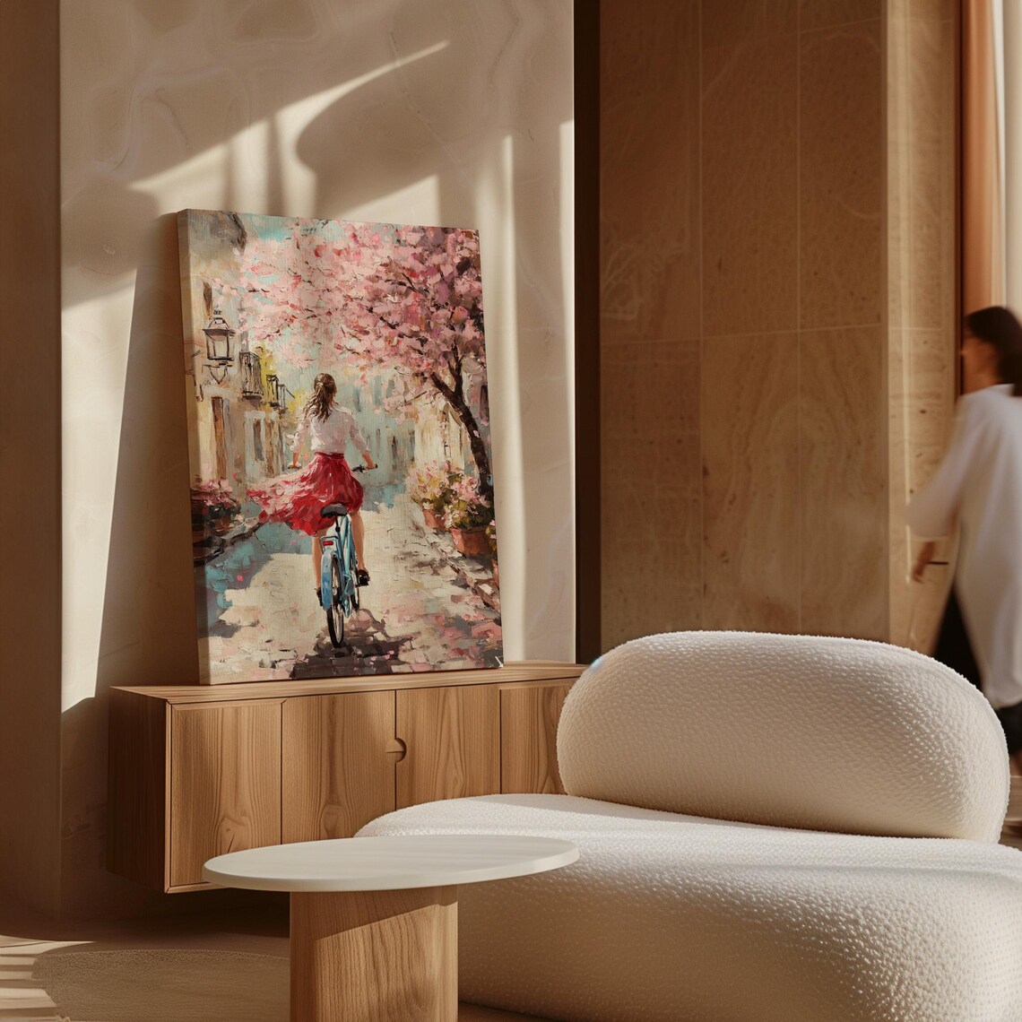 Spring Cherry Blossom Lane Woman Cycling Oil Painting Poster - Image 7