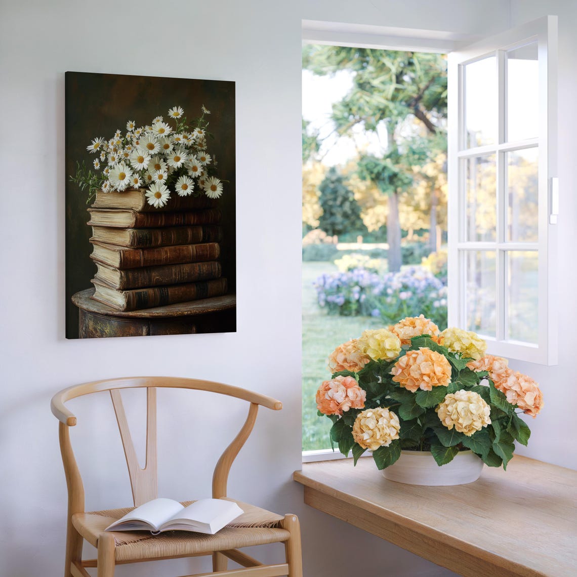 Stack Of Vintage Books Topped With White Daisies Dark Library Wall Art - Image 3
