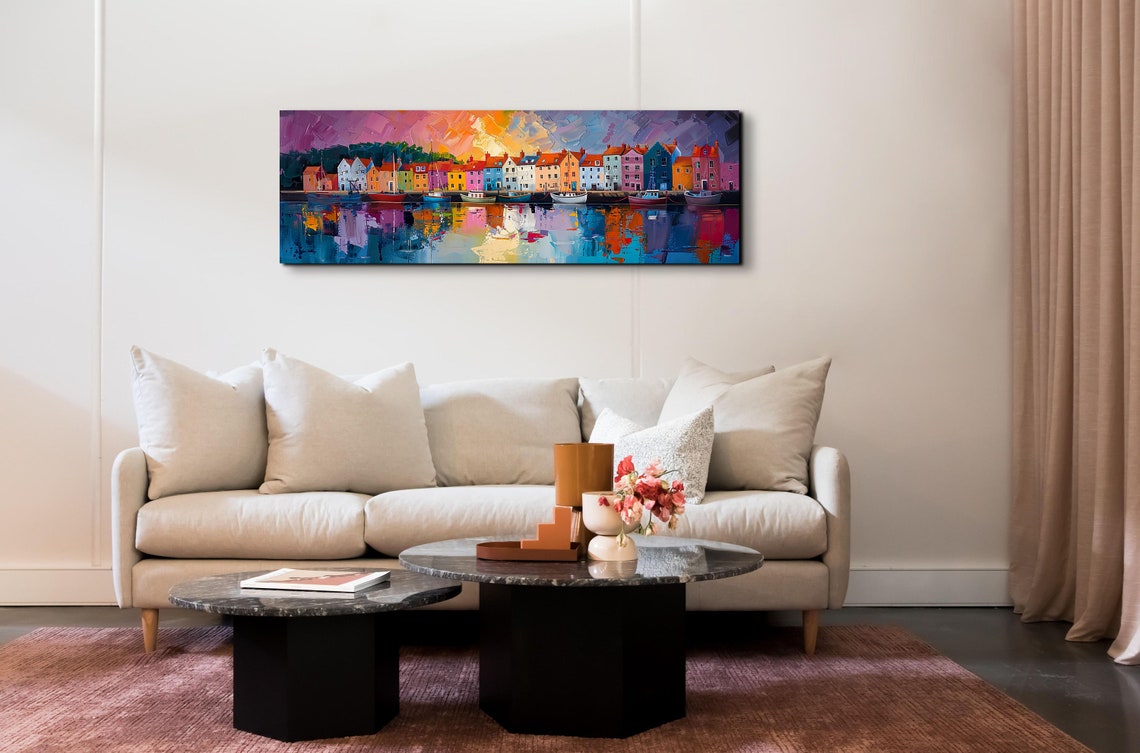Vibrant Harbor Village With Colorful Boats At Dusk Panoramic Poster - Image 7