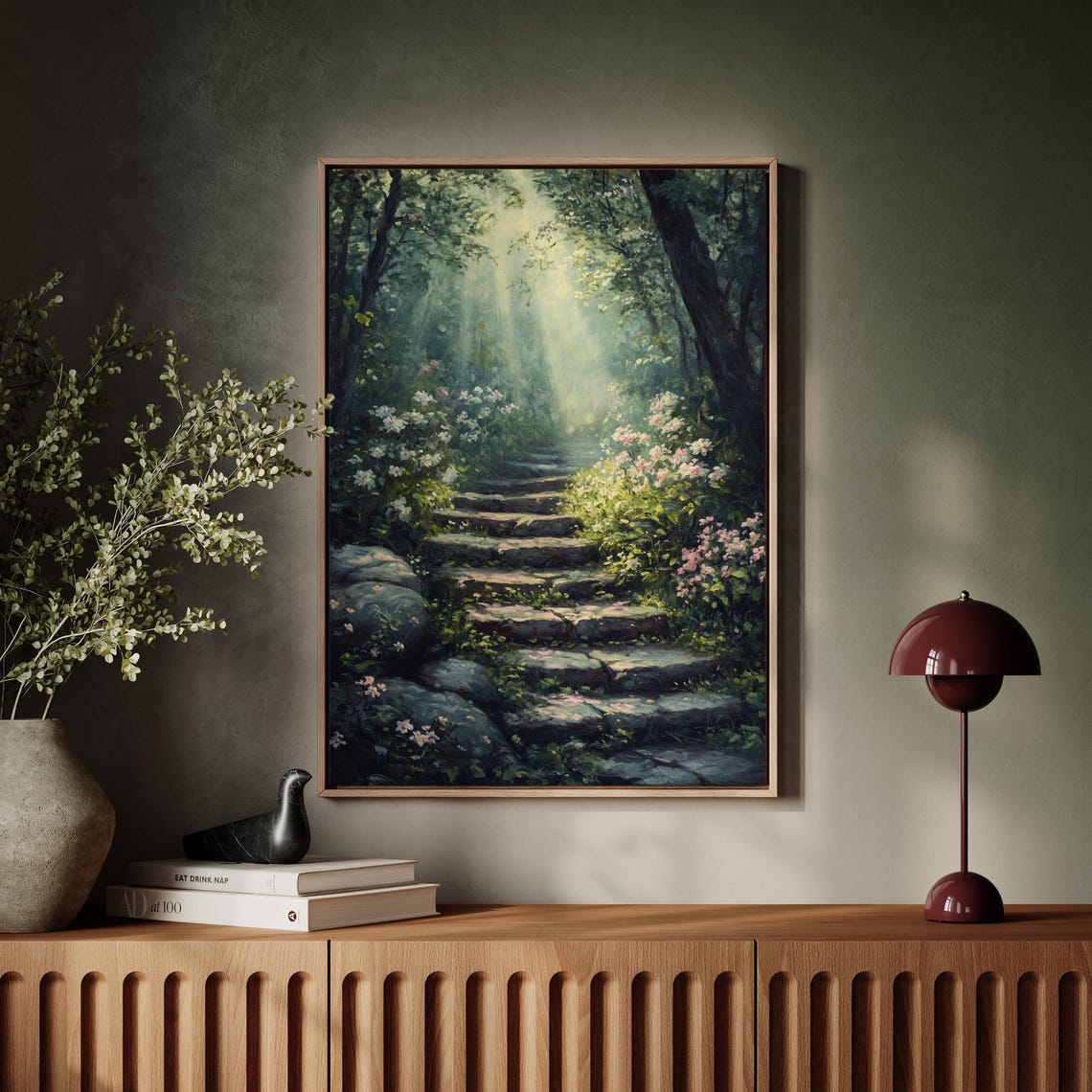 Enchanted Forest Path Wall Art Serene Stone Steps With Blossoms And Sunlight Print For Nature Inspired Home Decor - Image 3
