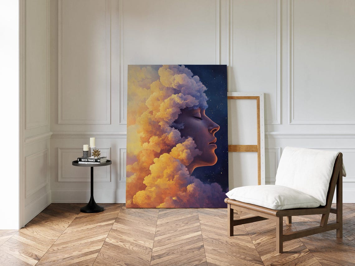 Serene Woman Face Blending Into Golden Sunset Clouds Art Print