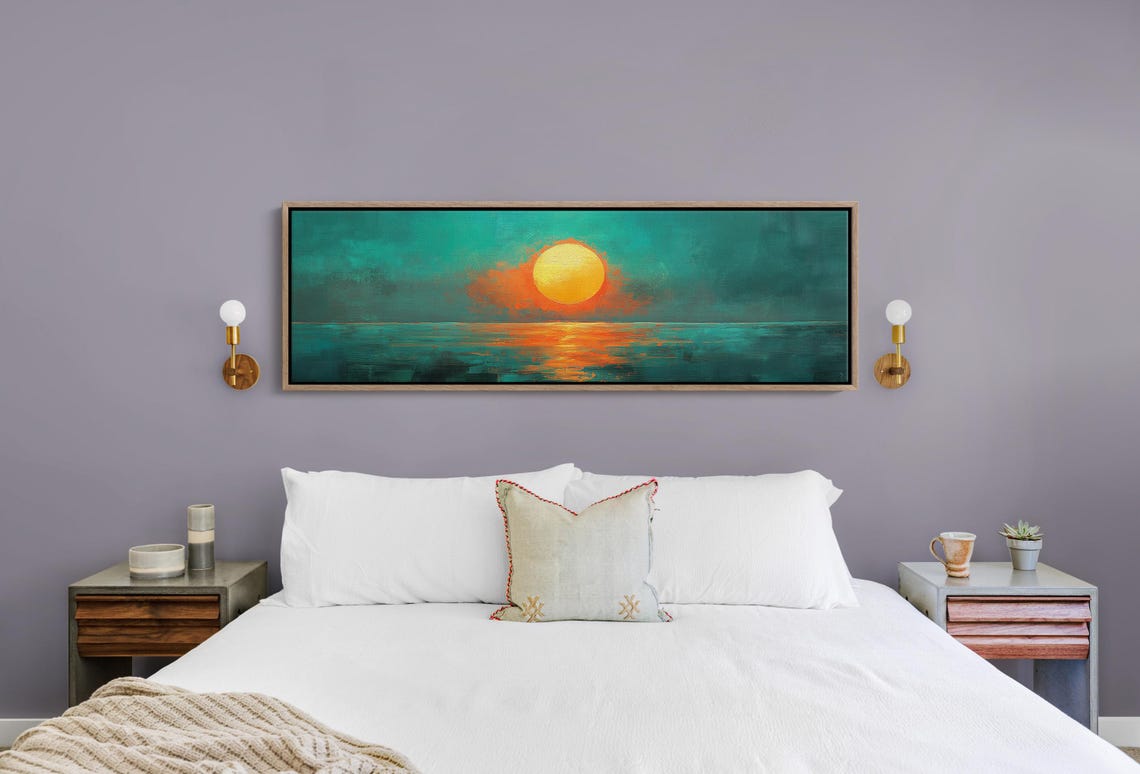 Bold Teal Abstract Sunset Ocean Large Orange Sun Modern Art Poster - Image 7