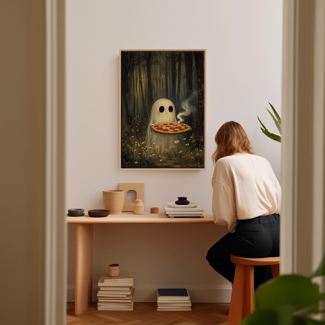 Adorable Ghost With Pizza, Enchanted Forest Art Print - Image 2
