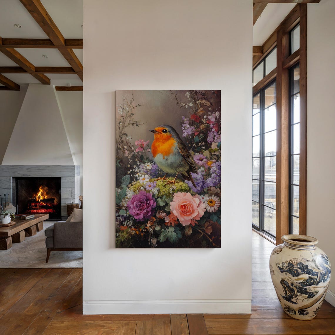 Orange Breasted Robin Mossy Stump Blooming Rose Garden Poster - Image 4