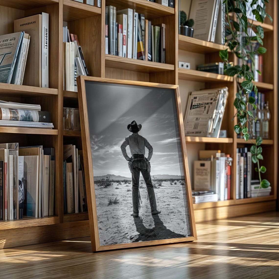 Lone Cowboy Standoff in Desert Black and White Western Poster