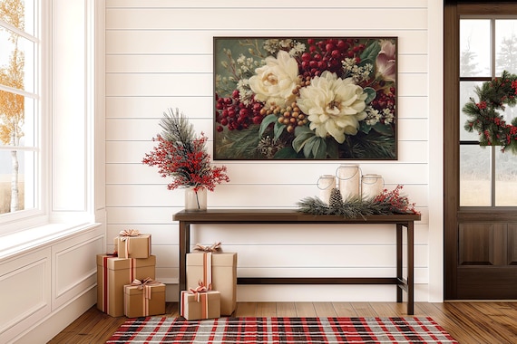 Christmas Floral Canvas Wall Art White Peony Red Berry Bouquet Painting Print Elegant Holiday Botanical Winter Home Dcor