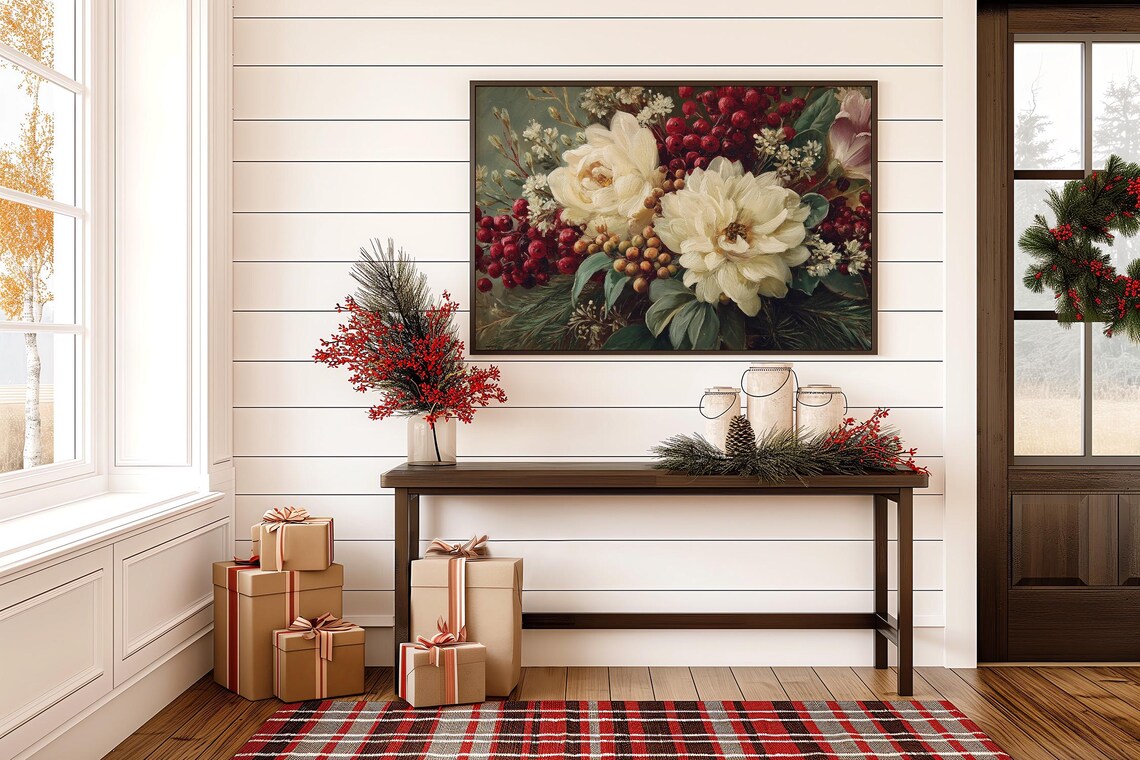White Peony Red Berry Christmas Floral Bouquet Vintage Painting Poster