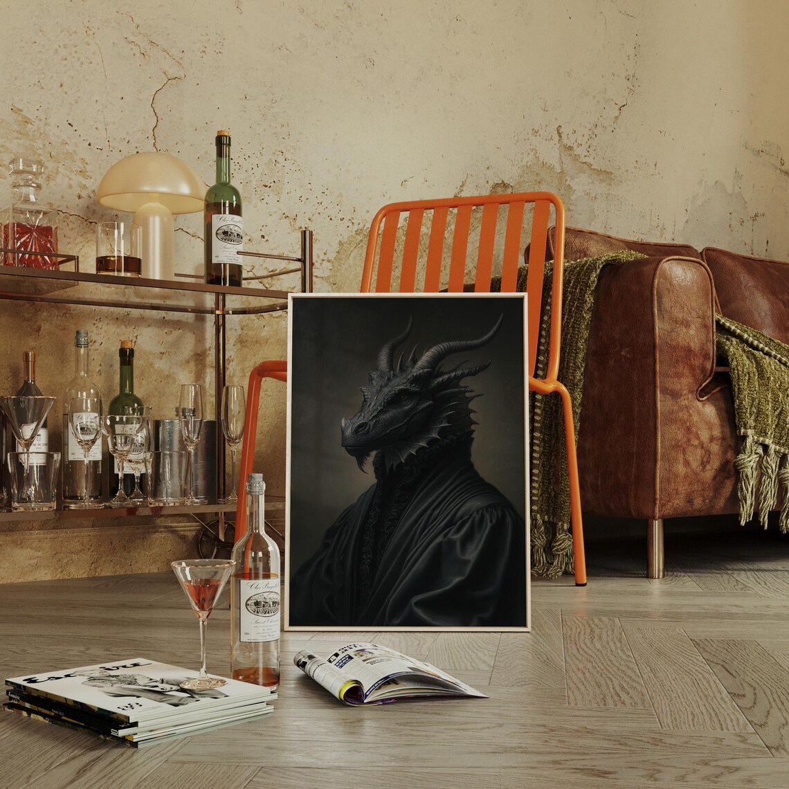 Regal Black Dragon Portrait in Dark Victorian Attire Fantasy Wall Art