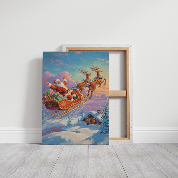 Santa Claus Sleigh With Reindeer Flying Over Snowy Village Poster