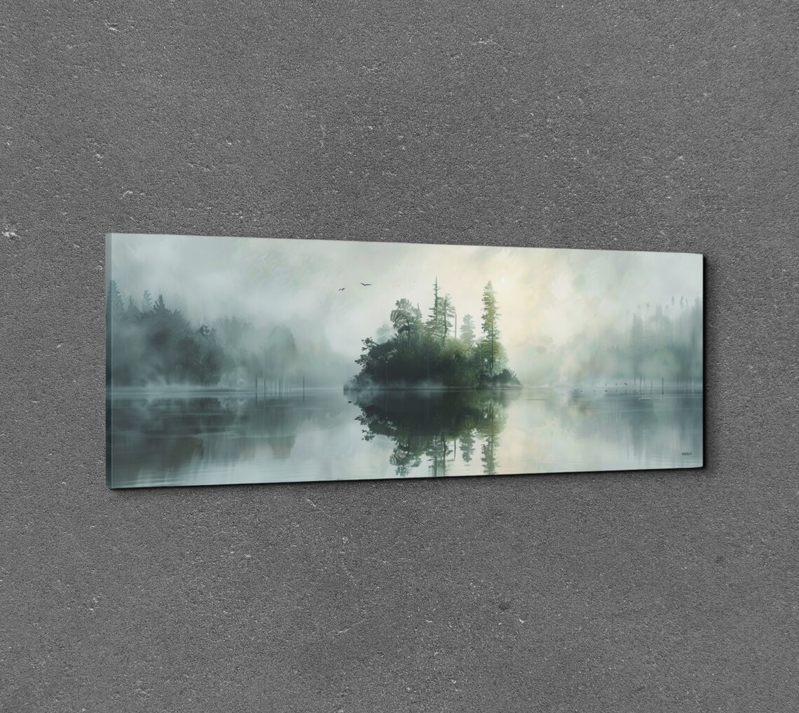 Misty Pine Island On Foggy Still Lake Panoramic Nature Poster - Image 3
