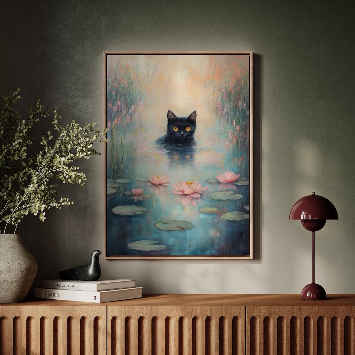Black Cat Swimming In Water Lily Pond Mystical Feline Wall Art - Image 2