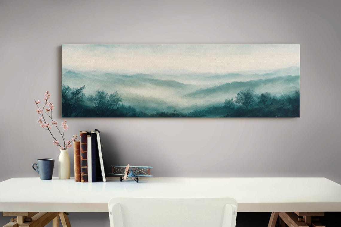 Misty Mountain Layers In Teal Fog Minimalist Panoramic Nature Wall Art - Image 4