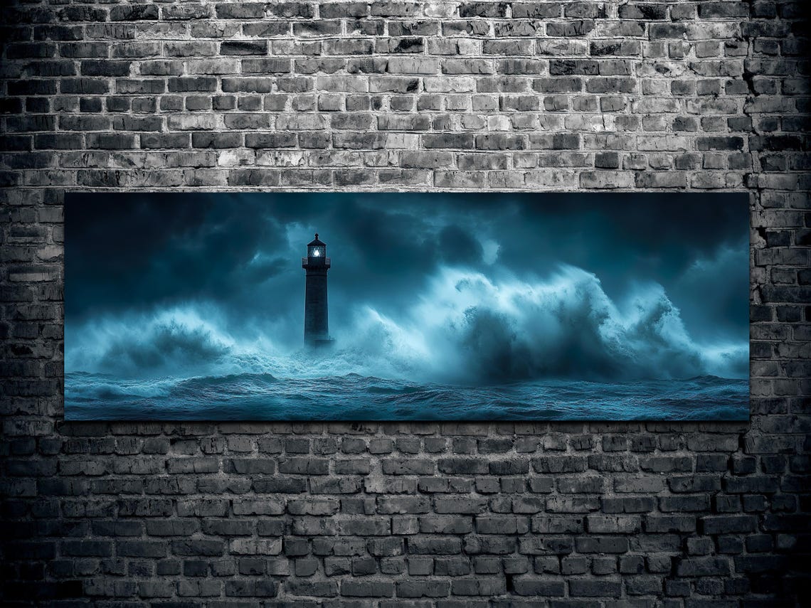 Lighthouse Enduring Night Storm Waves Moody Ocean Panoramic Poster - Image 2