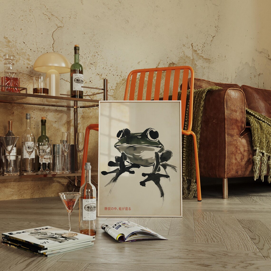 Zen Frog Japanese Ink Wash Art Print, Minimalist - Image 2