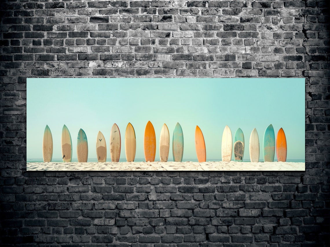 Pastel Color Palette Surfboard Lineup Ready To Hang Panoramic Wall Art Prints Retro Style Surf Art Panoramic Wall Art - Image 2