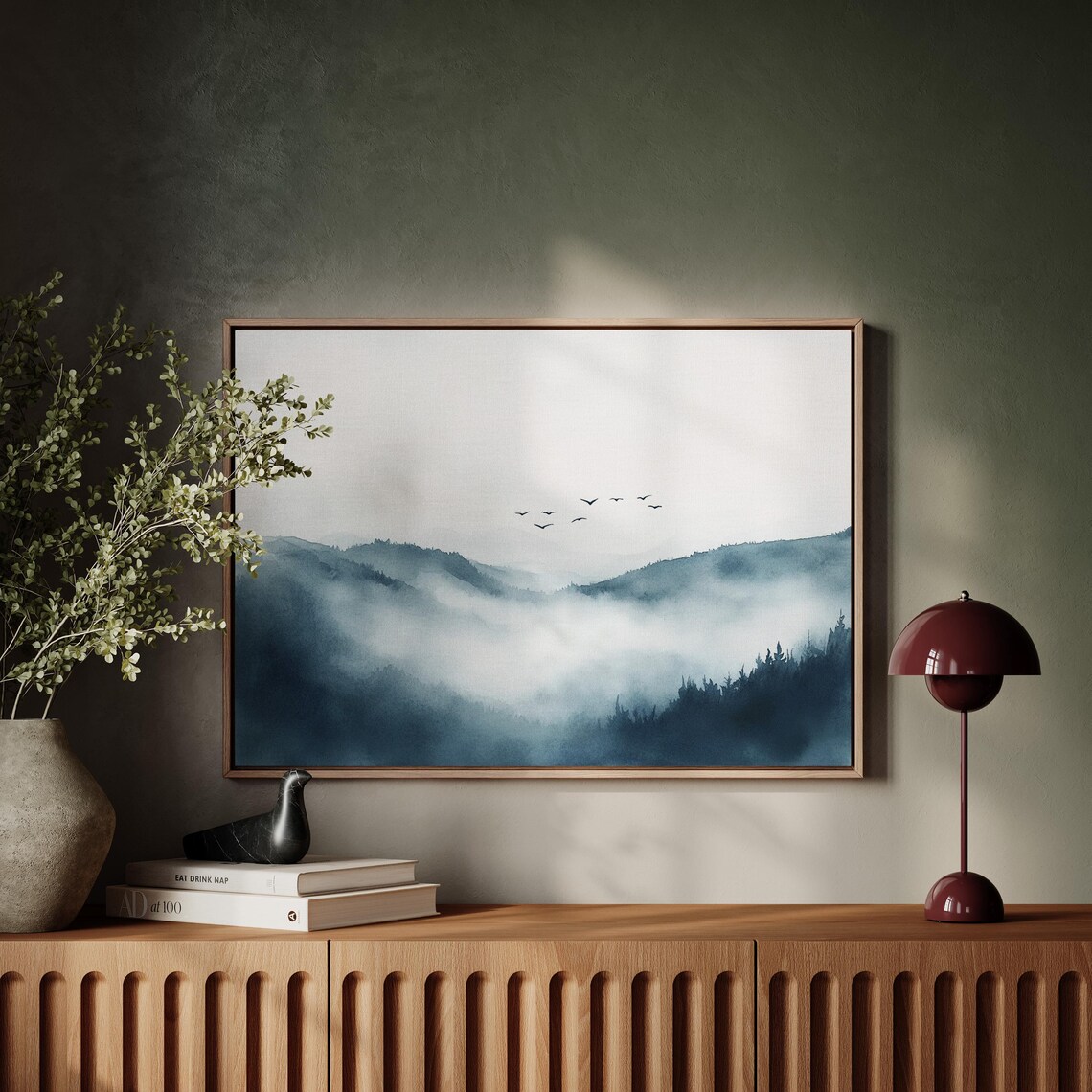 Misty Mountain Landscape With Flying Birds, Watercolor - Image 3