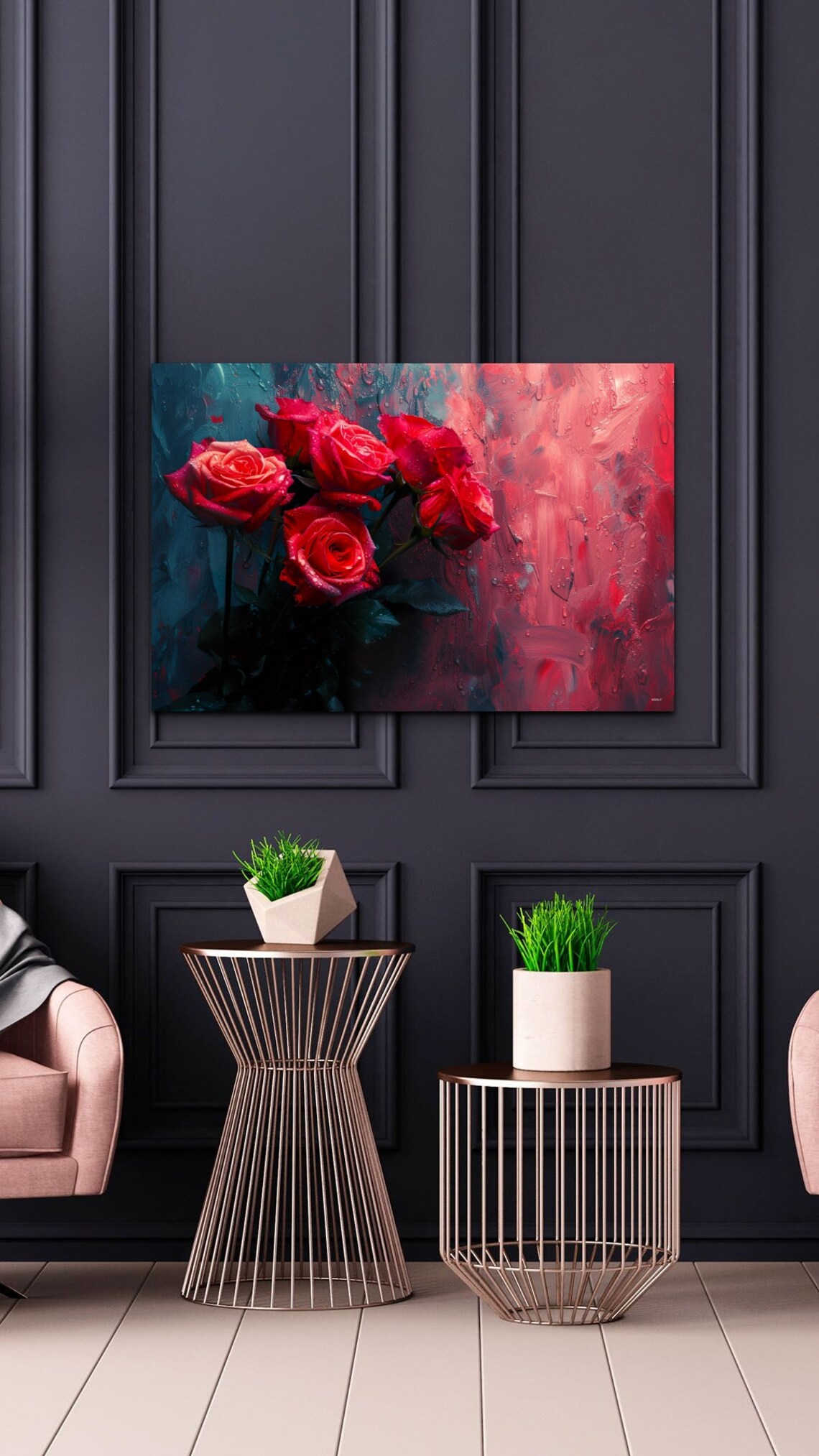 Red Roses Bouquet Against Teal And Crimson Painterly Floral Art Print - Image 2