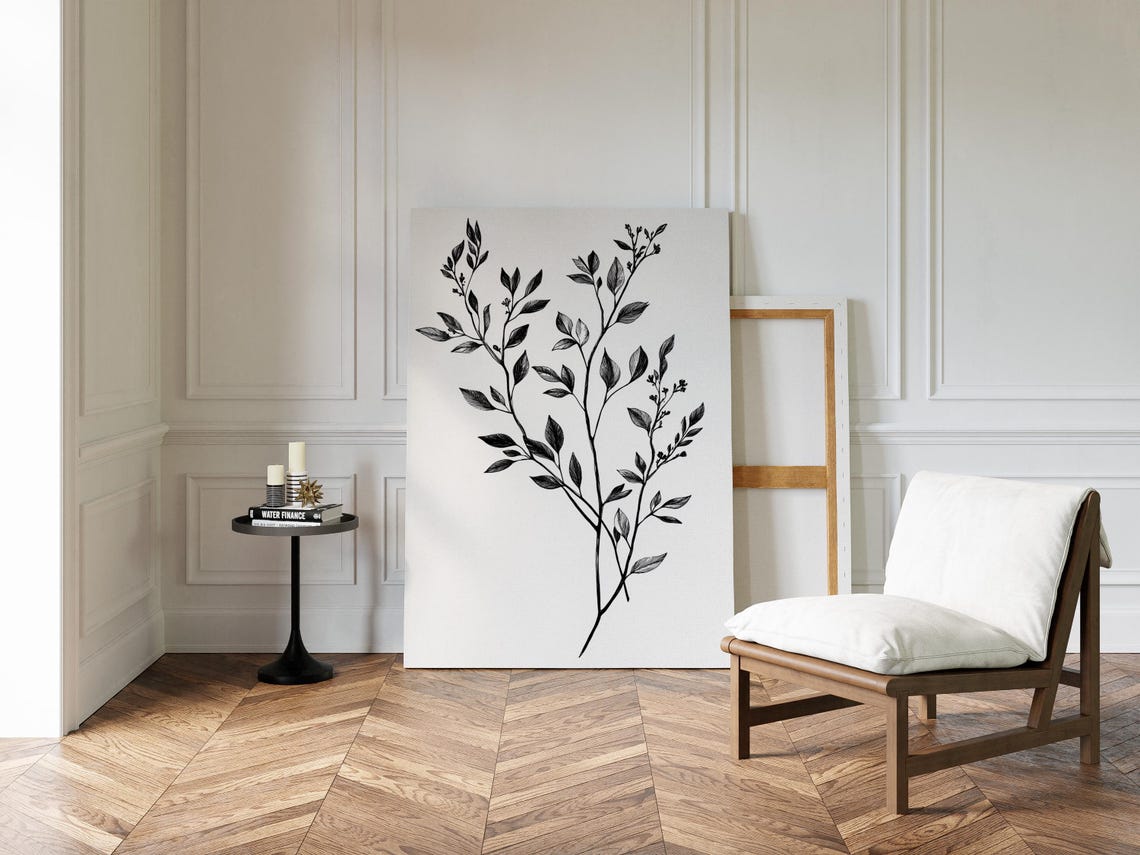 Full Botanical Leafy Branch Ink Drawing Minimalist Wall Poster - Image 2