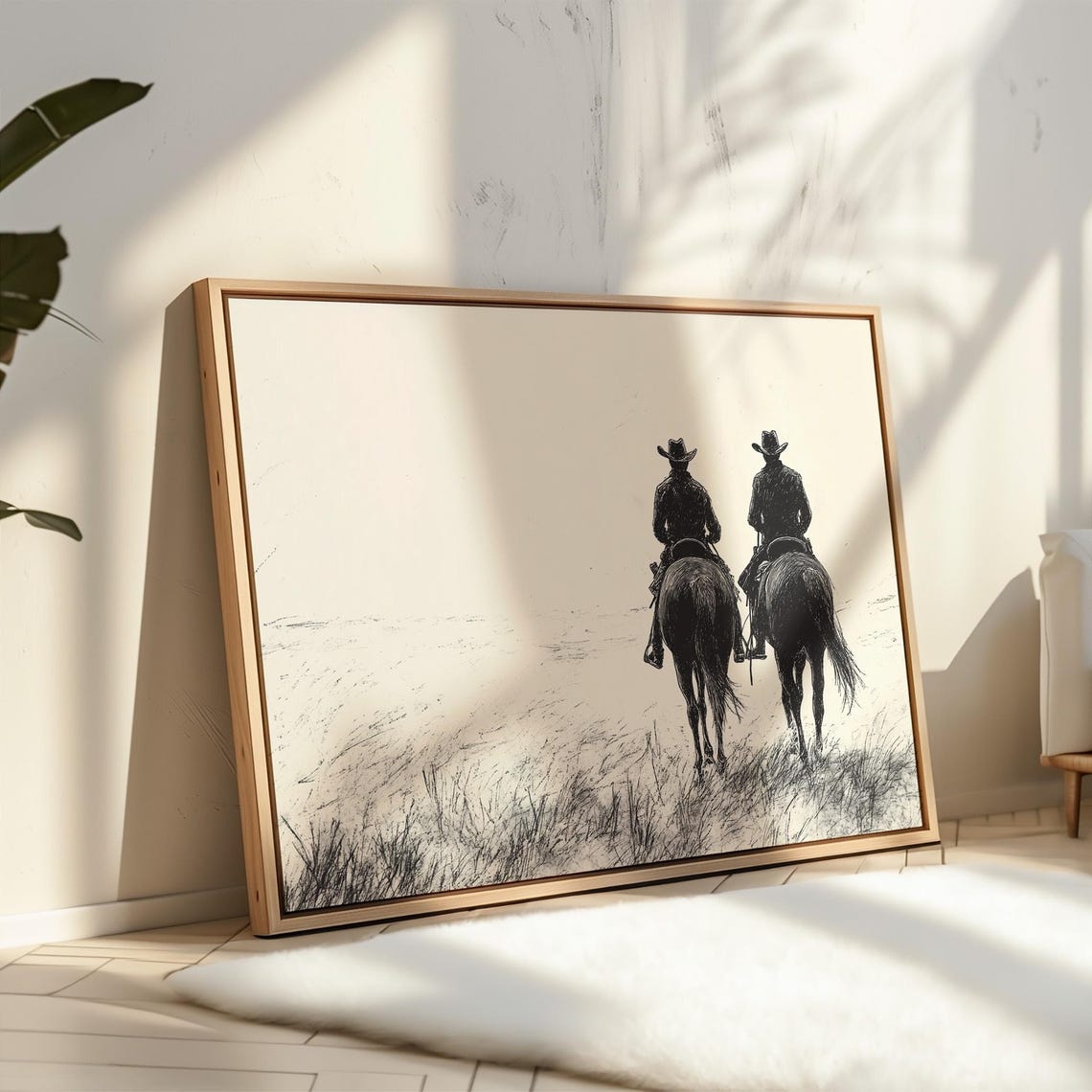 Two Cowboys On Horseback Back View Black Sketch Western Art Print - Image 2