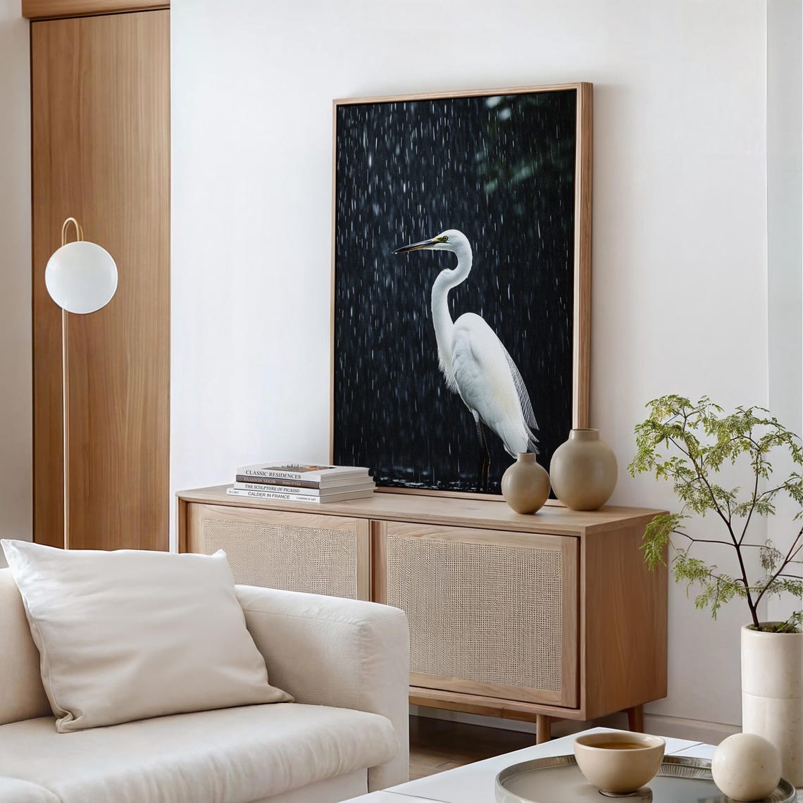 White Egret Standing in Rain Dramatic Dark Wildlife Portrait Poster - Image 2