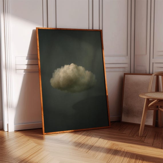 Dark Cloud Minimalist Canvas Wall Art Single Beige Puffy On Deep Green Background Moody Modern Decor For Neutral Interiors
