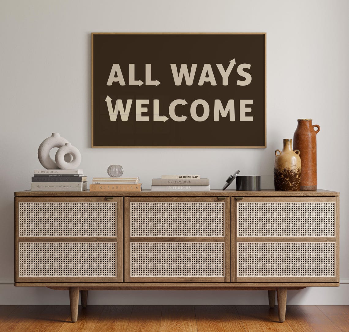 All Ways Welcome Typography Print in Warm Neutral Tones with Arrows